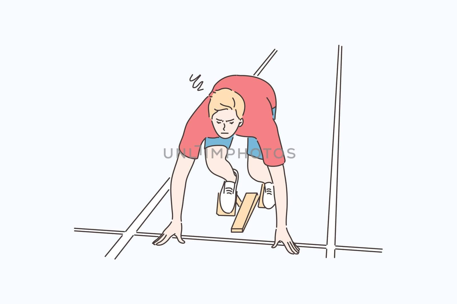 Competition, challenge, athletics, start, sport concept. Young confident focused man runner contender atlete cartoon character ready for race beginning. Preparation for marathon sprint illustration.