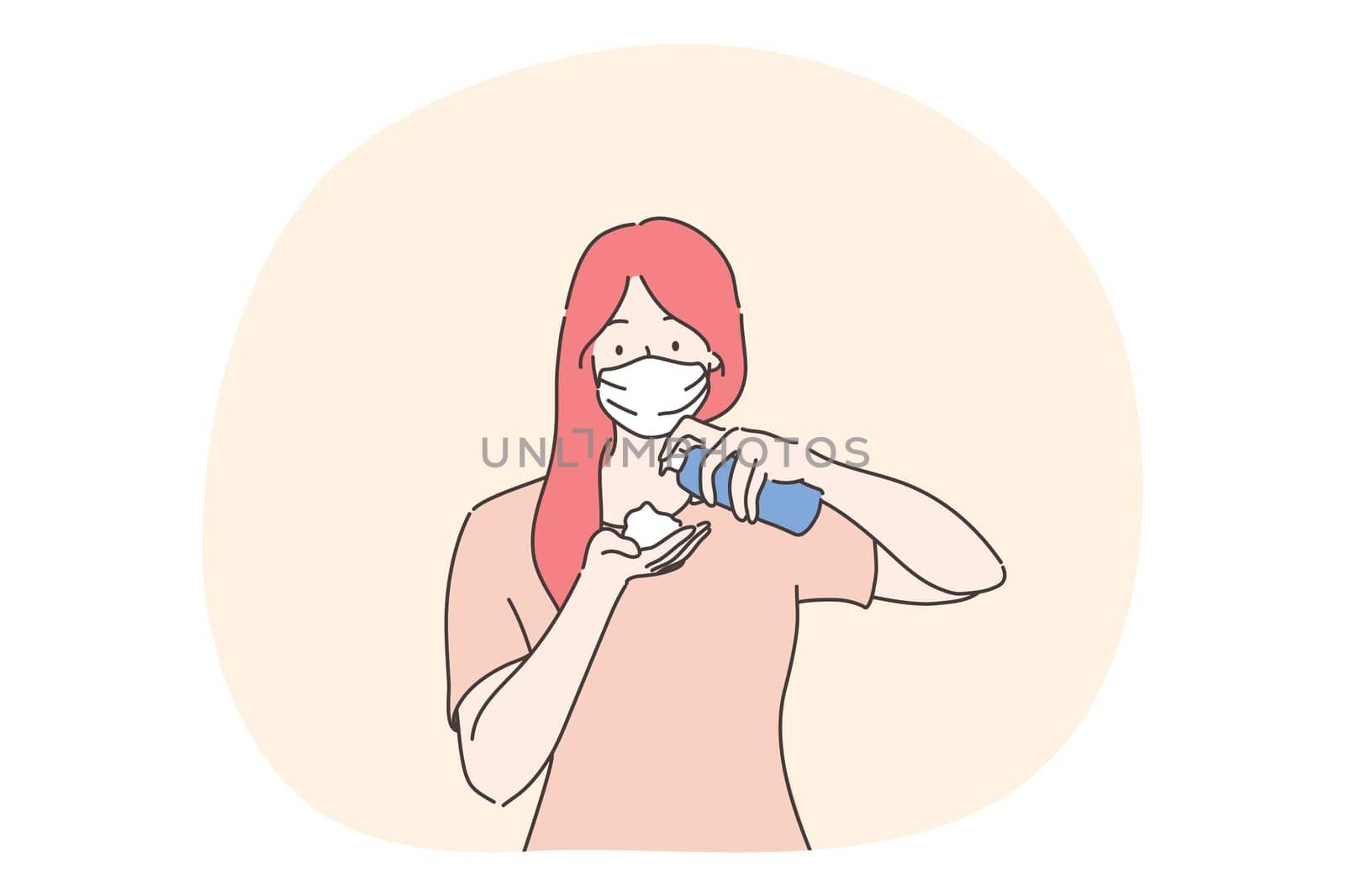 Healthcare, quarantine, protection, coronavirus concept. Young woman with medical face mask pouring antiseptic on hands. Preventive measures from covid19 disease and 2019ncov infection illustration.