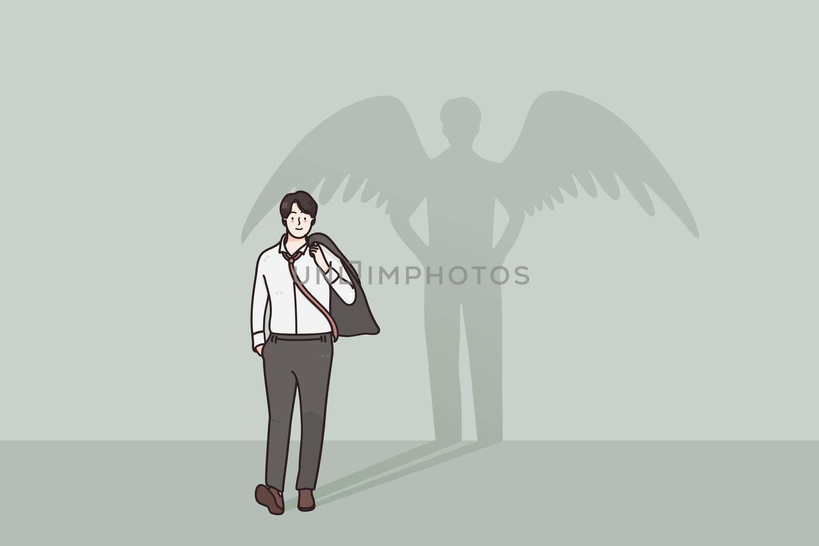 Business ambitions, leadership, inner power concept. Proud happy confident businessman walking with superhero shadow with angel wings feeling power vector illustration