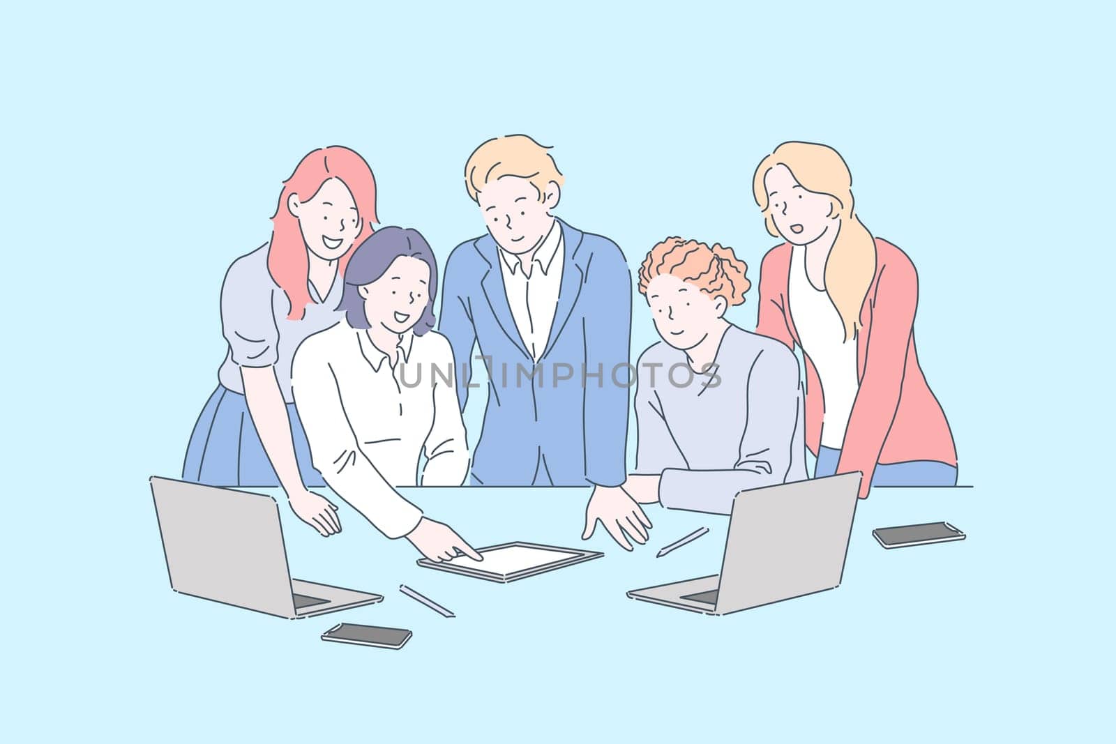 Positive workplace environment, business meeting concept. Coworkers discussing company project with laptops, colleagues watching presentation on tablet. Simple flat vector