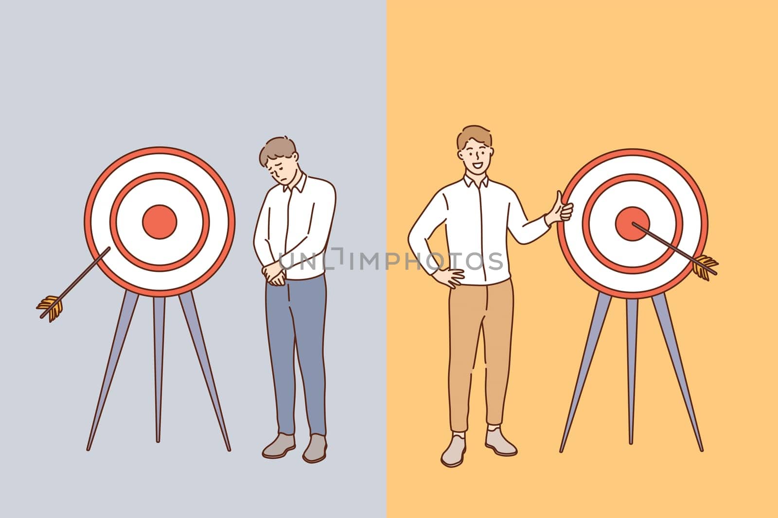 Business success and failure concept. Young smiling positive and sad disappointed businessmen cartoon characters standing near crossbow feeling different about reaching goals vector illustration