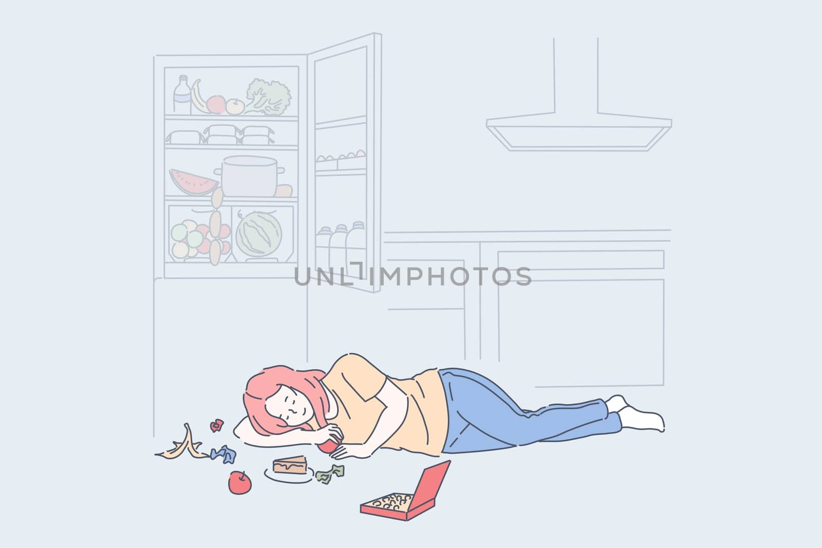Diet end, cheat meal day concept. Woman eating tasty nutritious food lying on floor near open fridge, young girl enjoying candies, cake piece, sweet fruits. Simple flat vector