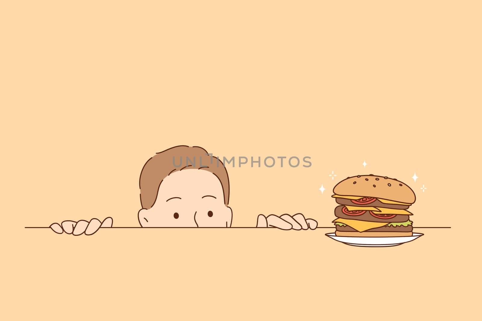 Overeating, nutrition, hunger concept. Funny hungry man cartoon character looking at tasty burger on table striving to eat it all vector illustration