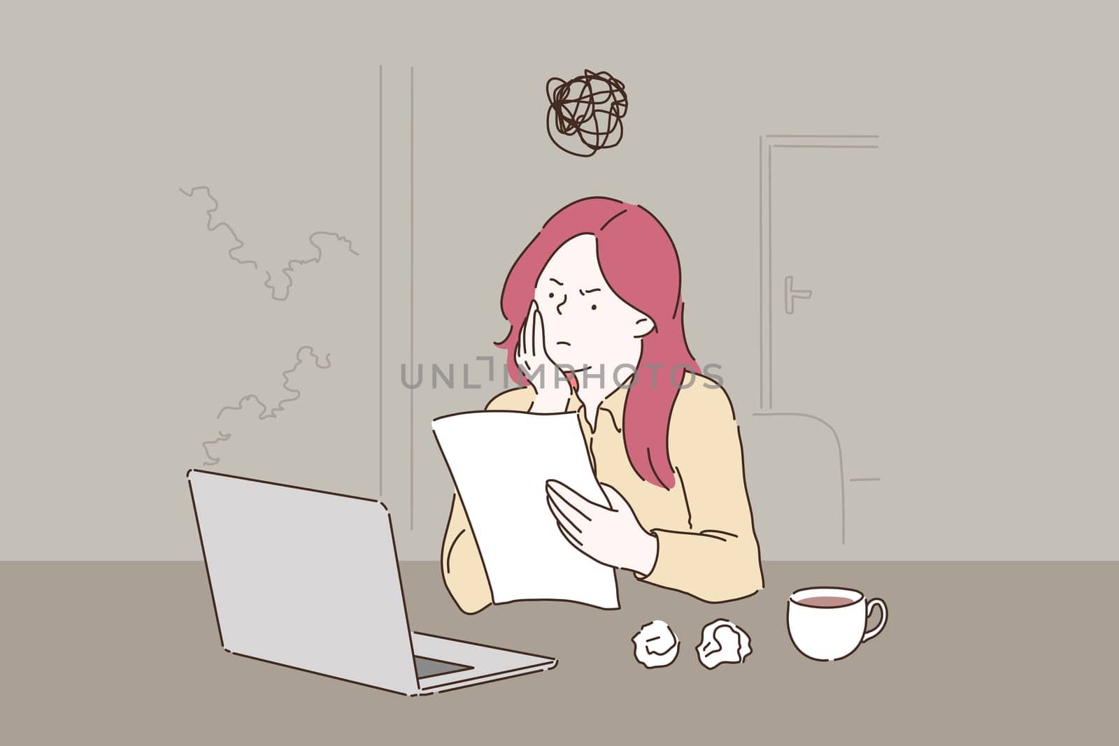 Creative crisis, burnout cartoon concept. Woman working with laptop, reading document with dissatisfied facial expression, student writing essay with several spoilt drafts. Simple flat vector