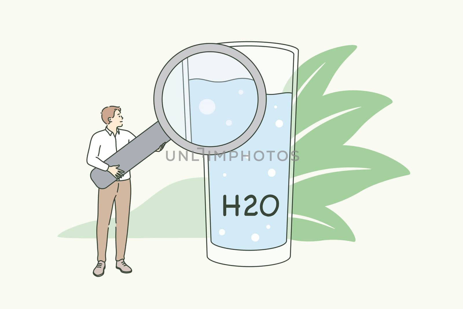 Clear drinking water and lifestyle concept. Small man standing holding magnifying glass with glass of water and formula for healthy lifestyle vector illustration