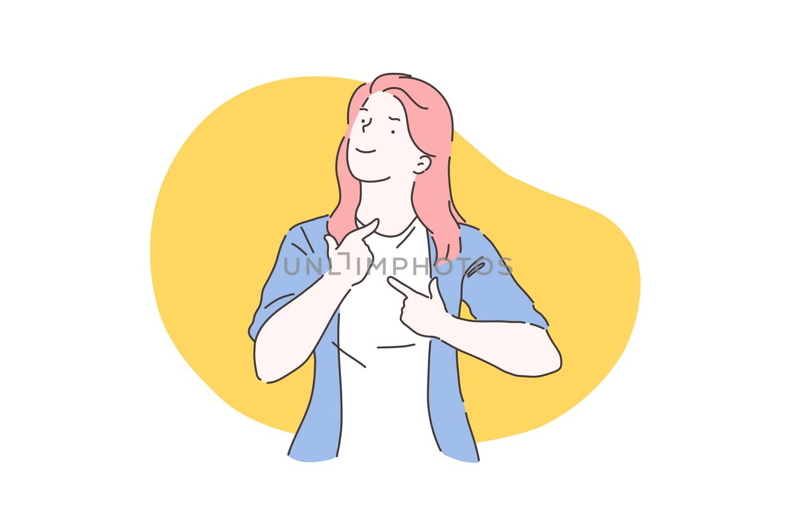 Successful lady self-esteem, girl power concept. Confident young woman pointing at herself with pride and satisfaction gesture, female thyroid health awareness. Simple flat vector