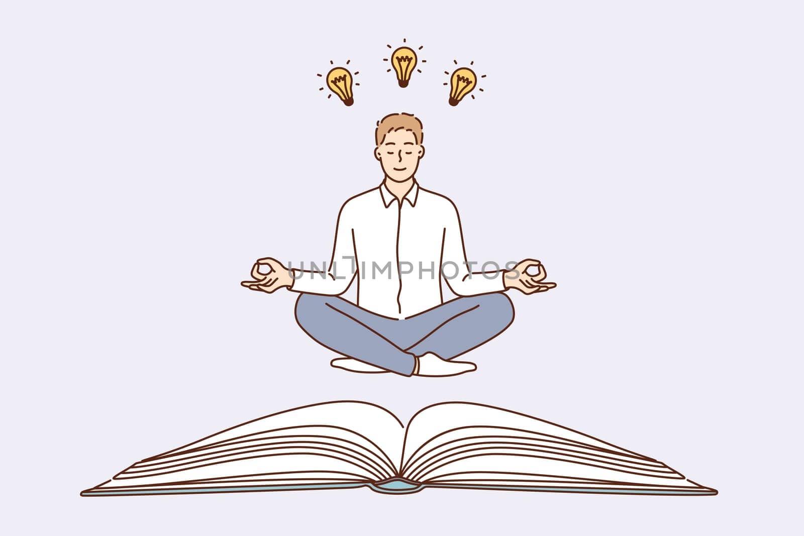 Having creative business idea concept. Young caucasian positive calm businessman cartoon character sitting on floor meditating with great ideas in head and light bulbs above vector illustration