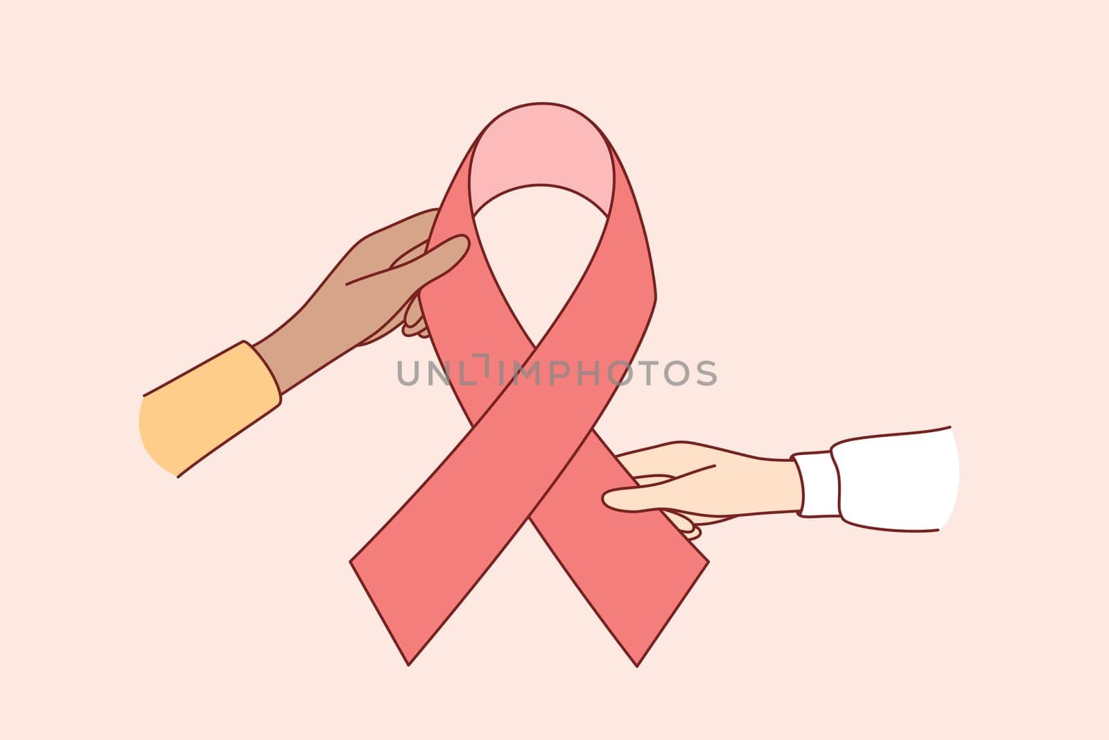 National Breast Cancer Awareness concept. Human Hands holding red ribbon as symbol of Breast Cancer Awareness vector illustration