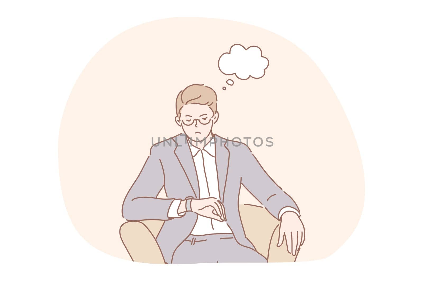 Meeting, delay, business concept. Impatiend displeased businessman leader ceo manager boss waits for job interview negotiation partner looks at watches checking time. Waiting for delayed employee.
