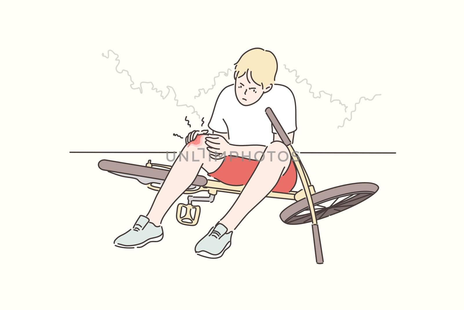 Trauma, sport, cycling, pain, anger concept. Young sad angry boy teenager cartoon character fell down from bike and got injured knee painfully. Summer holiday recreation active lifestyle illustration.