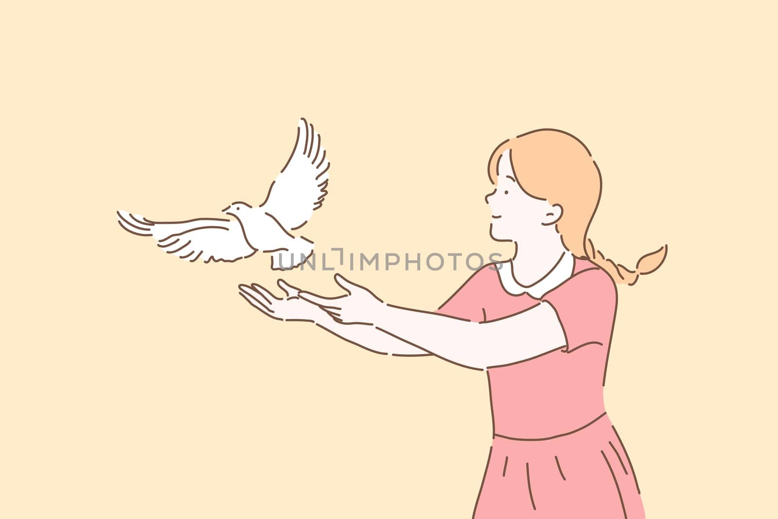 Peace symbol, freedom metaphor concept. Girl letting go white dove, cute kid setting free pigeon with open arms gesture, female volunteer taking care of birds. Simple flat vector