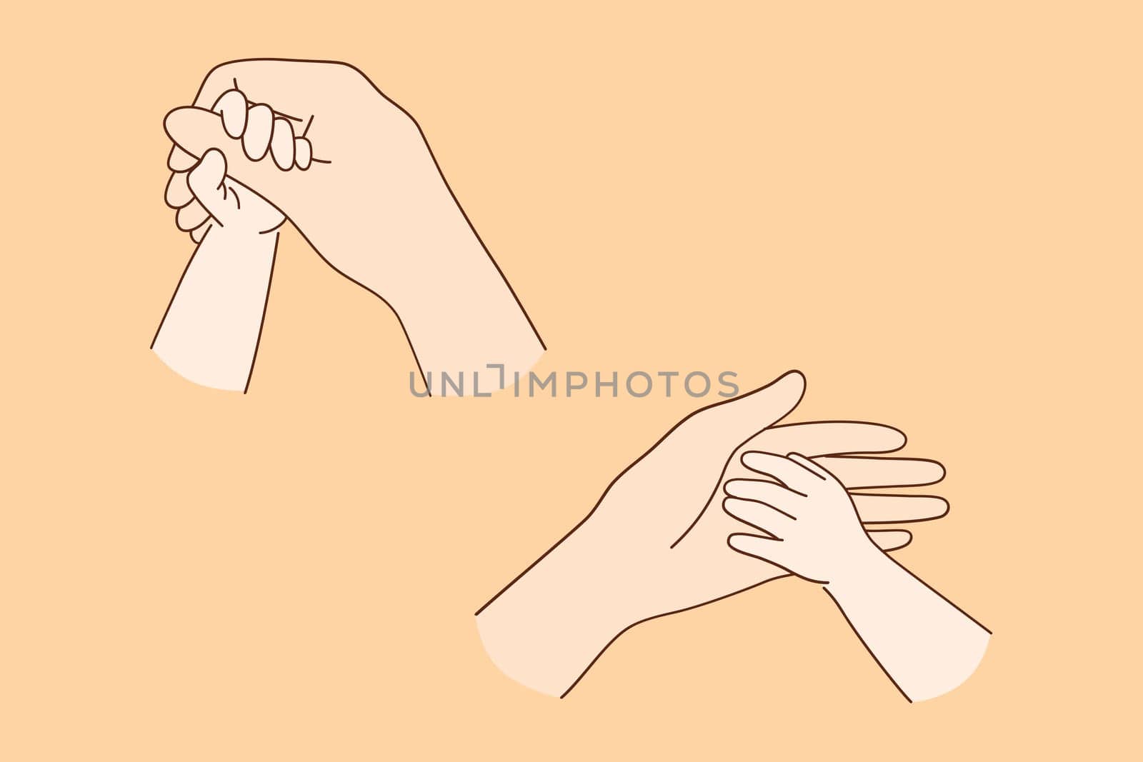 Motherhood, trust and support concept. Close-up of Hands of child and adult, parent and son or daughter. love between mother and child vector illustration