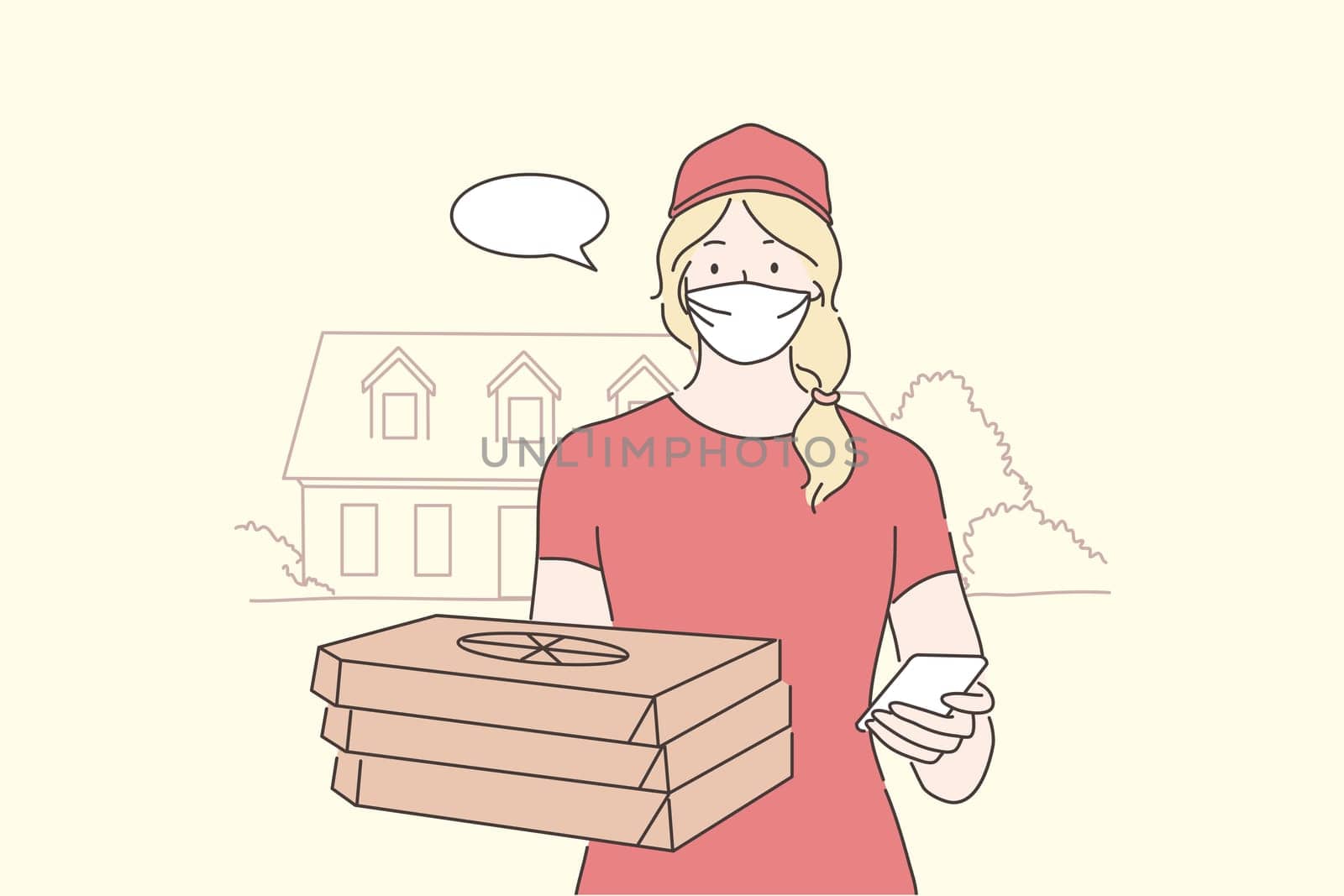 Food delivery, quarantine, coronavirus infection, concept. Young woman supplier cartoon character stands with pizza in medical face mask. Home food delivery on 2019ncov isolation and covid19 desease.