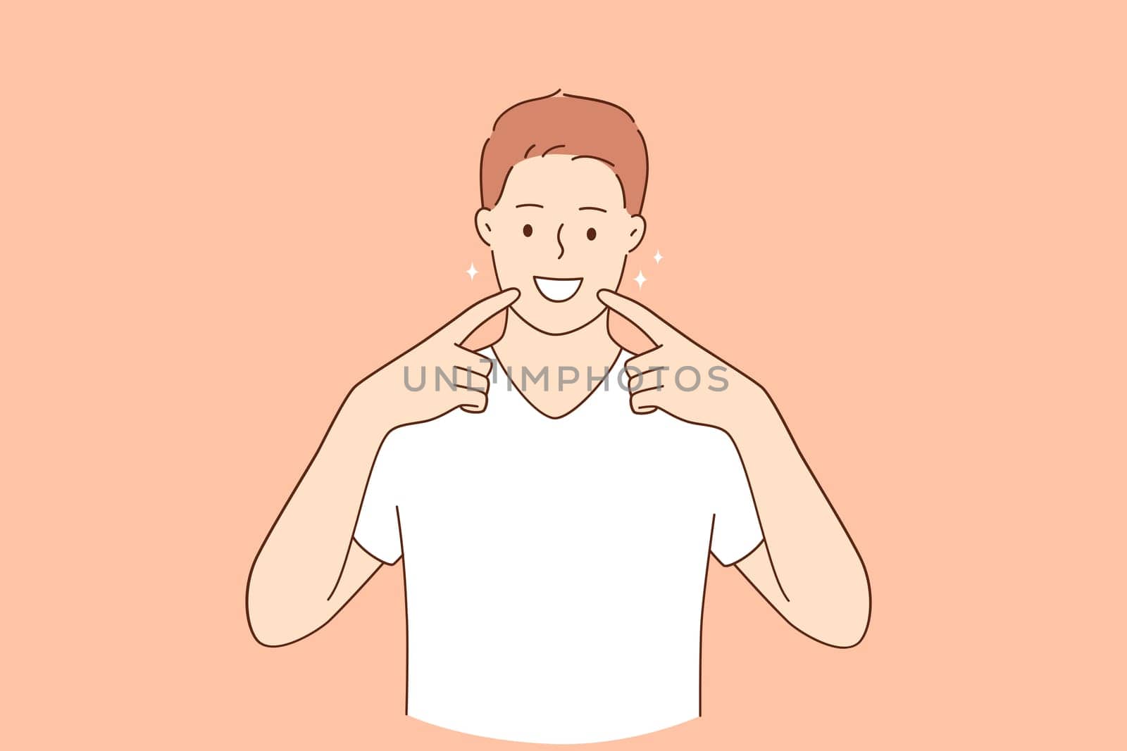 Dental health and hygiene concept. Young smiling handsome man in casual clothes standing smiling cheerful showing healthy white teeth and mouth vector illustration