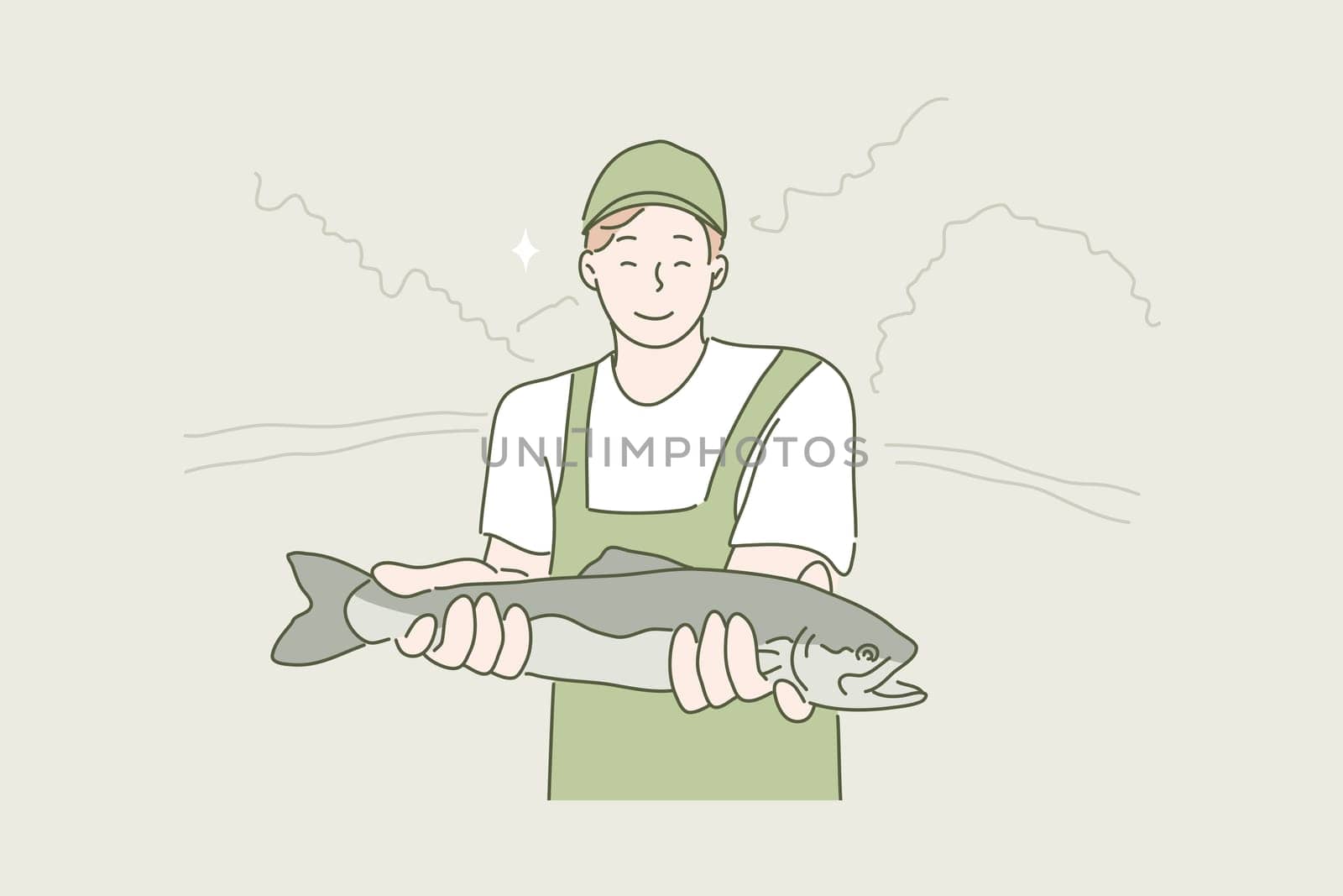 Hobby, fishing, caught concept. Young happy smiling boy angler fisherman cartoon character showing catch and loking straight at camera. Summer holiday recreation and active lifestyle illustration.