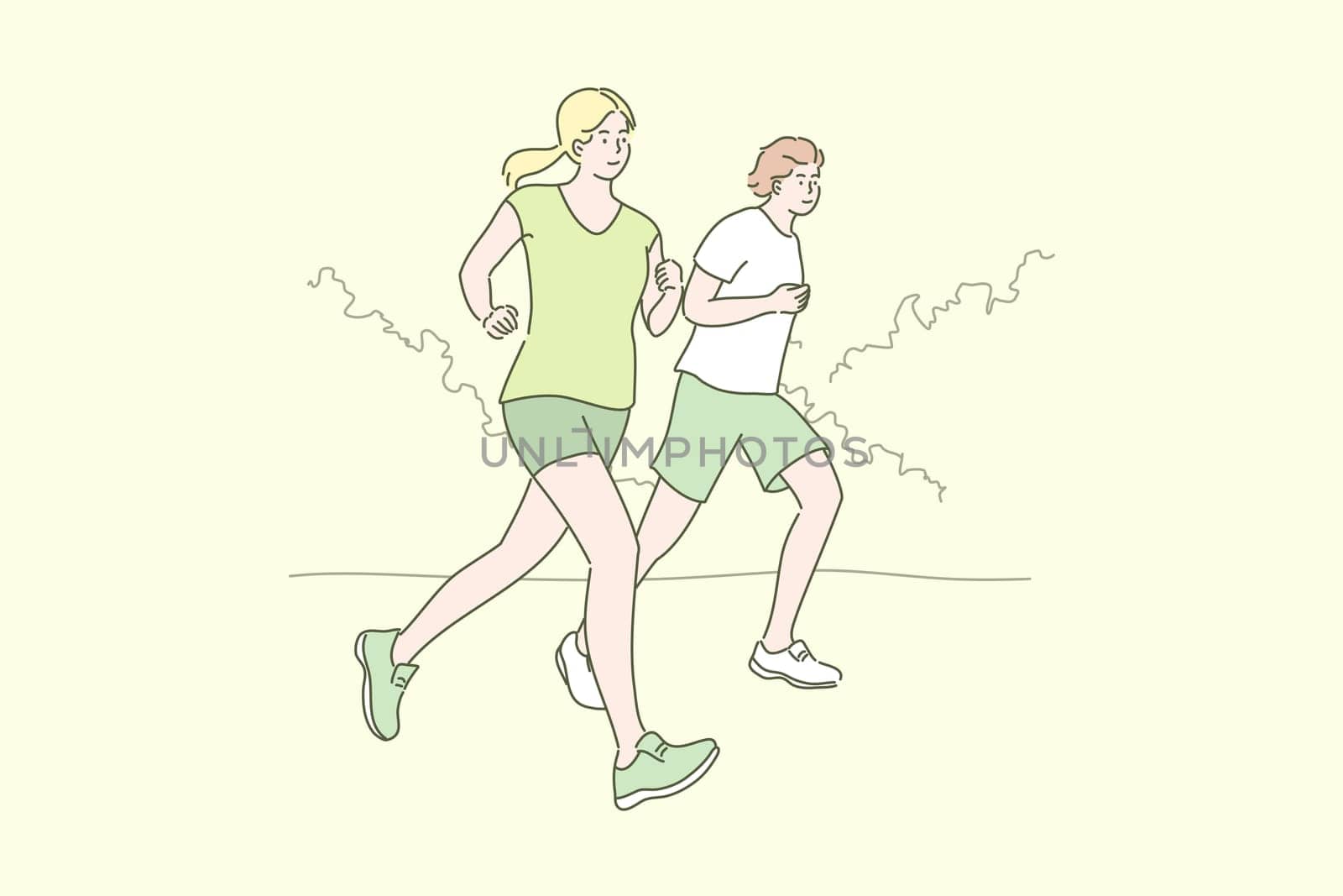Sport, jogging, workout concept. Young happy smiling couple man woman boyfriend athletes cartoon characters and girlfriend running at park together. Summer recreation and active lifestyle illustration