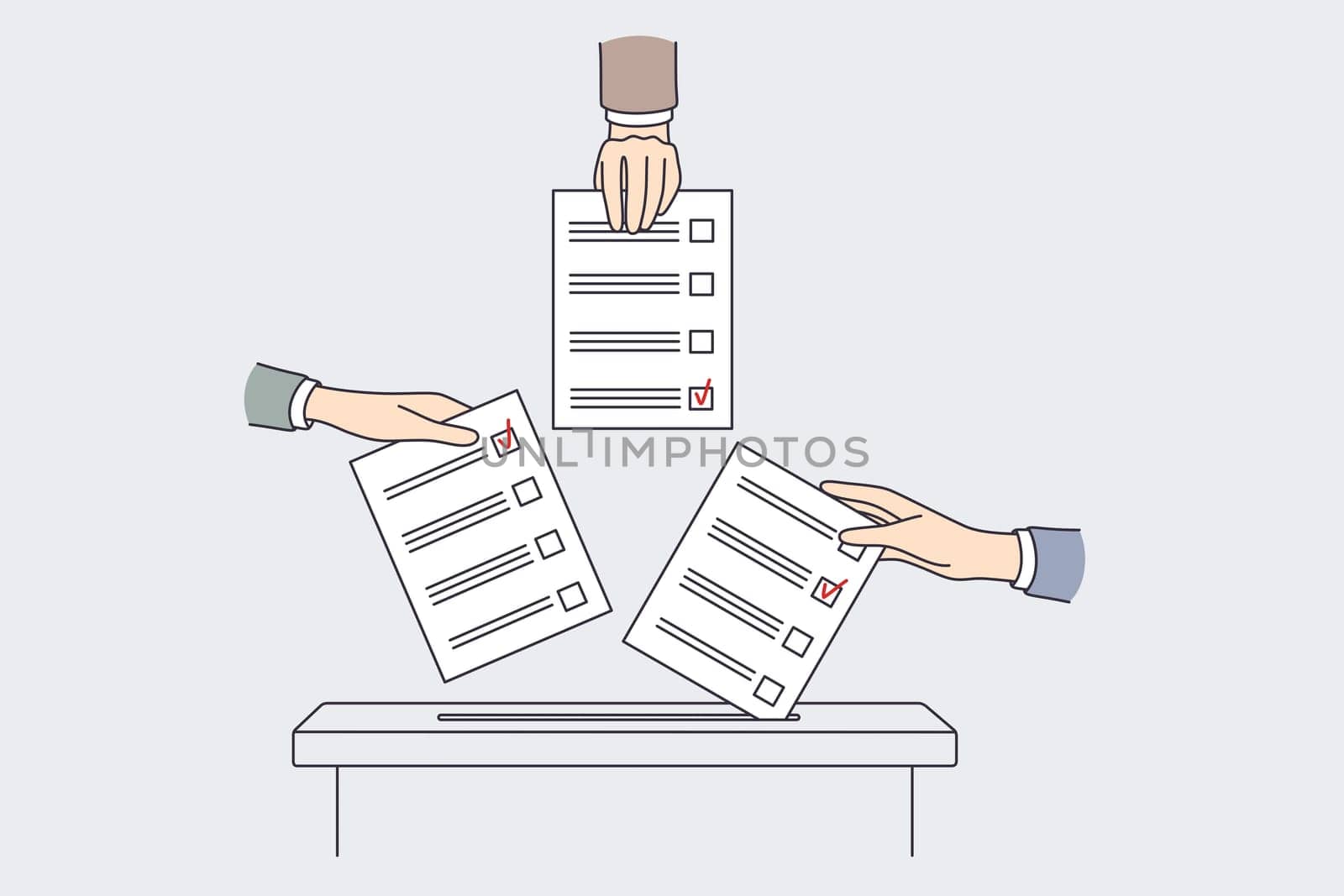 International Voting and elections concept. Hands of multi ethnic people putting ballots in ballot box making choice vector illustration