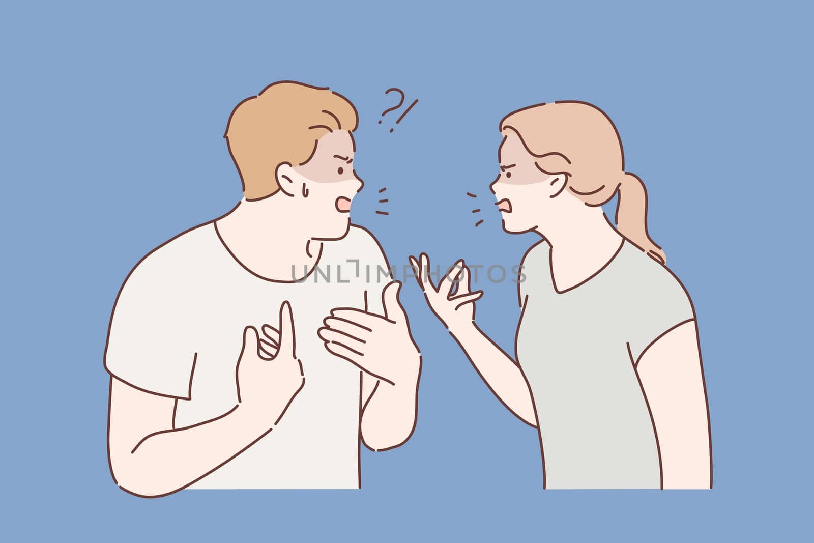 Family, agressive emotions concept. Young couple man husband and woman wife boyfriend and girlfriend friends cartoon characters yelling at each other. Quarrel conflict and troubles in relationships.