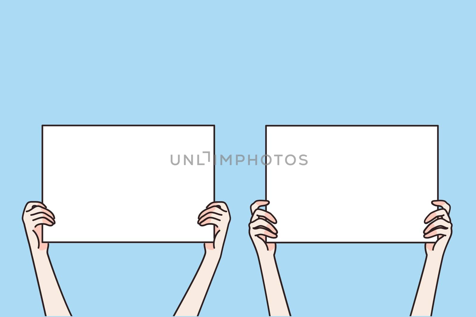 Copy space blank screen concept. Human hands holding screens with blank white spaces for text or advertisement vector illustration