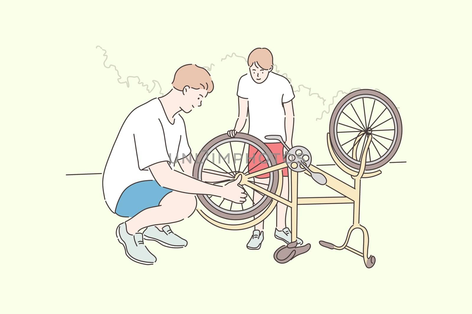 Fatherhood, cycling, childhood, repair concept. Cartoon characters young man father helps boy kid son teenager repairing bike wheel. Family care and active summer recreation lifestyle illustration.