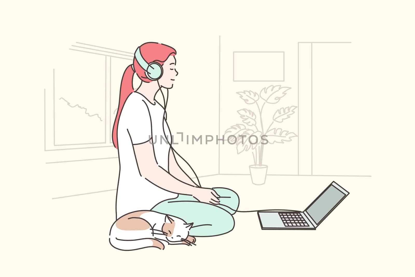 Music, meditation, dream, relax concept. Young smiling calm woman girl cartoon character sits floor with headphones and cat pet listening audio and dreaming. Home reacreation and leisure time spending