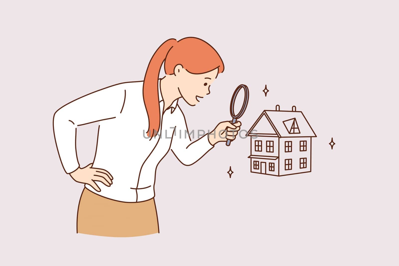 Searching for new house and real estate concept. Young positive business woman standing using magnifying glass zooming to see house or residential building details for making deal