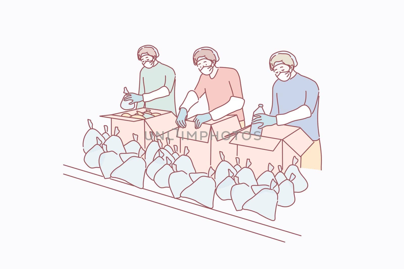 Coronavirus, medical help concept. Team of young men cartoon characters in medical face masks preparing delivery food supplies together. Health service during 2019ncov infection or covid19 desease.