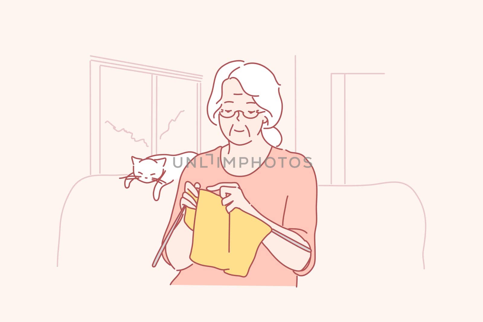Hobby, knitting, concept. Happy mature smiling old woman grandmother pensioner senior citizen sitting on couch living room at home and crocheting. Leisure time rest relaxation at weekend illustration.
