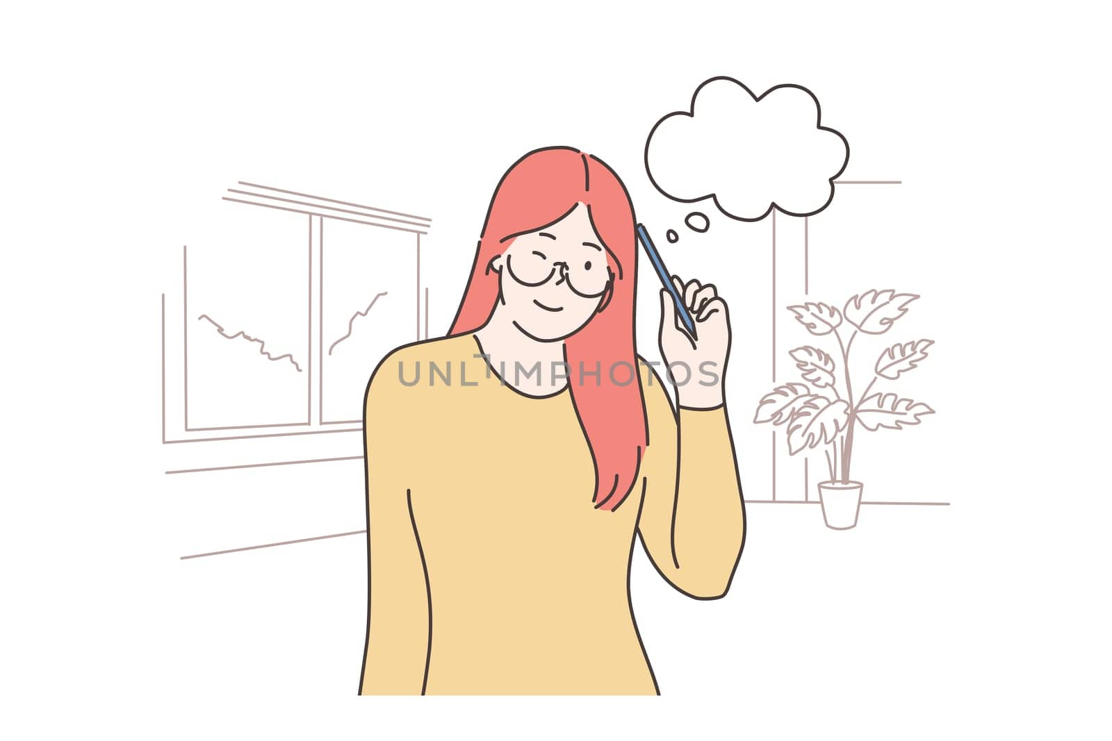 Thinking, idea, problem, search concept. Young smiling thoughtful woman girl cartoon character thinking about decision or dreaming. Searching for idea, problem or trouble solution or brainstorming.