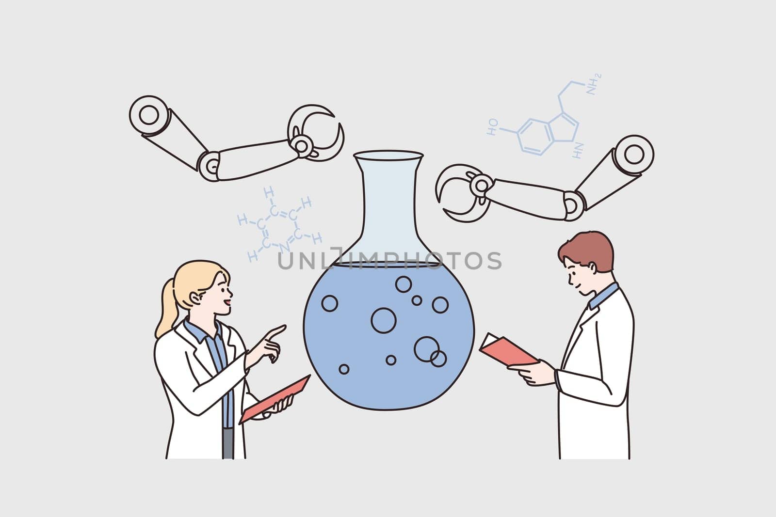 Laboratory research and science concept. Young scientists woman and man cartoon characters standing communicating about science research in flask together vector illustration