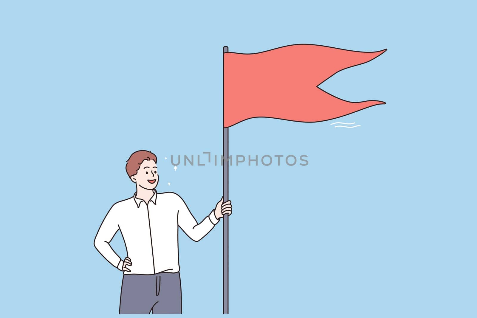 Winner, success, Business reaching goal concept. Young smiling businessman cartoon character standing holding red flag in hands feeling happy