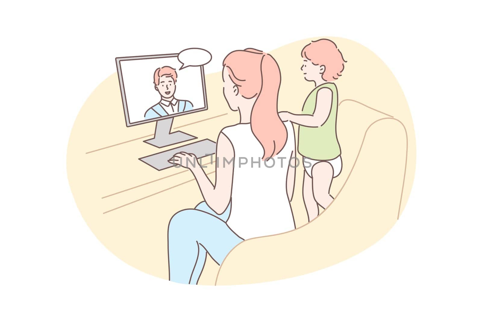 Family, video conference, communication concept. Cartoon character young woman mother with child kid baby daughter communicate chatting talking with man father online. Remote conversation illustration