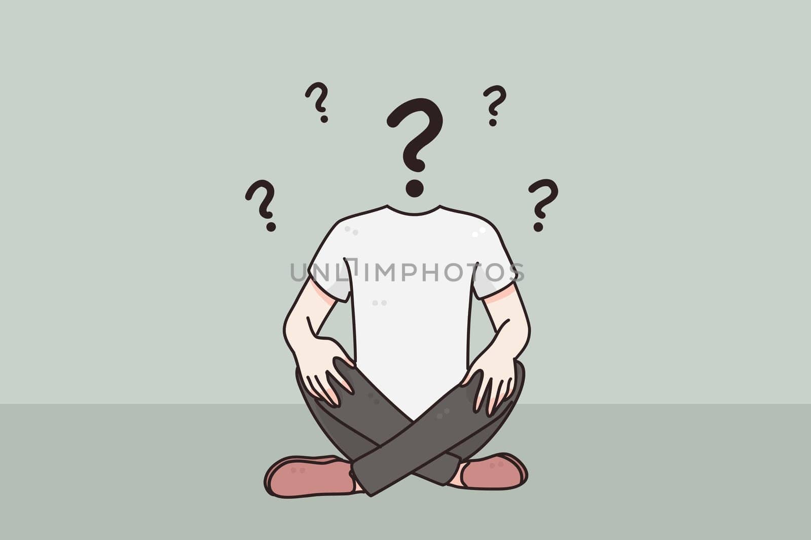 Problems in identity, Anonymity, uncertainty concept. Headless man sitting on floor with legs crossed and invisible face with question mark instead of head like mask vector illustration