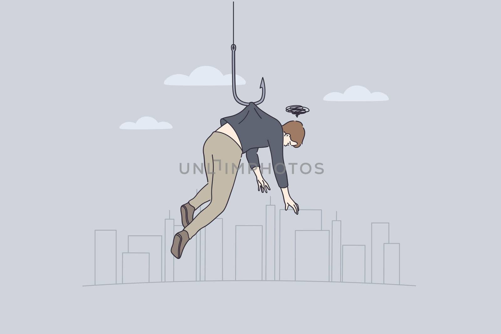 Stress, failure and personal weakness concept. Young man cartoon character hanging on fishing hook feeling depressed and having bad thoughts in mind vector illustration