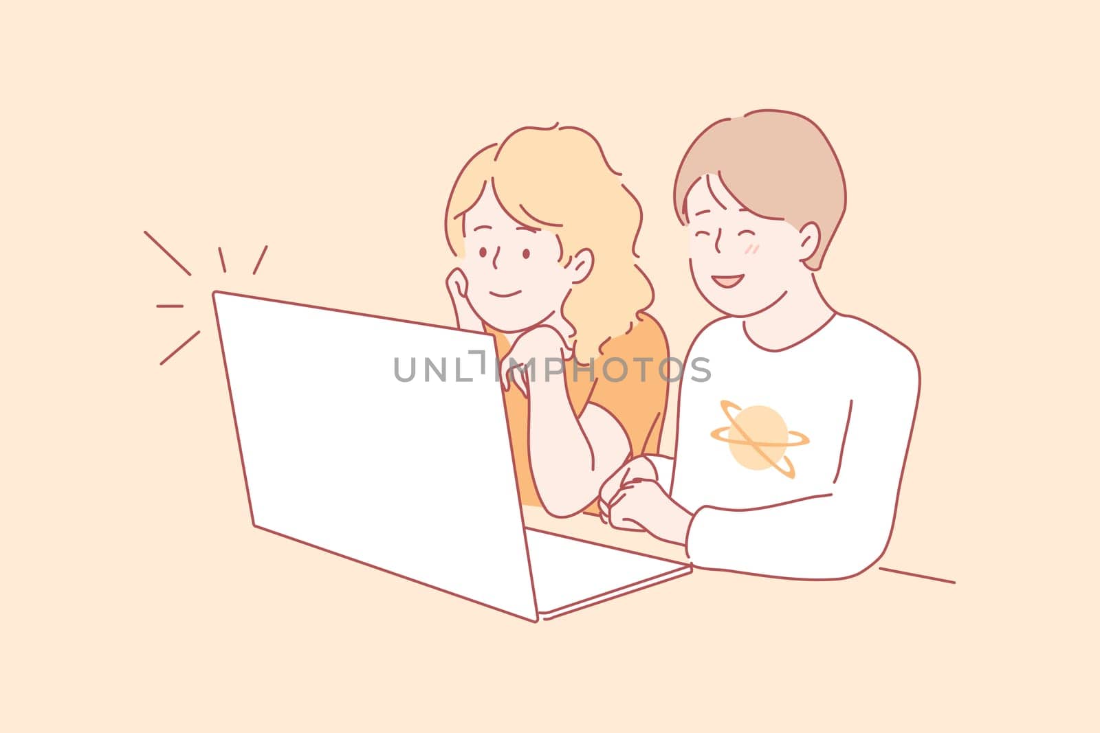 Children watching videos concept. Young happy captivated boy girl brother sister cartoon character sitting together and looking kids shows at laptop. Childish leisure time and lifestyle illustration.