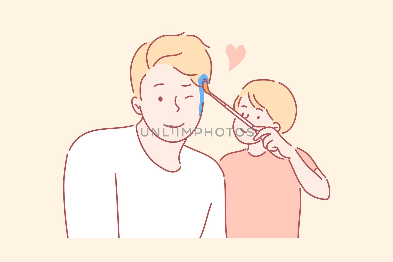 Childhood, fatherhood, game concept. Cartoon characters happy smiling little boy kid child son artist paints with brush on young man father face. Family love and leisure time flat vector illustration.