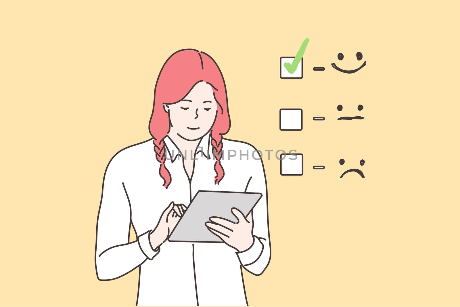 Customer assessment, business concept. Young happy smiling businesswoman cartoon character giving excellent rating for online survey on tablet. Marketing research and client experience illustration.
