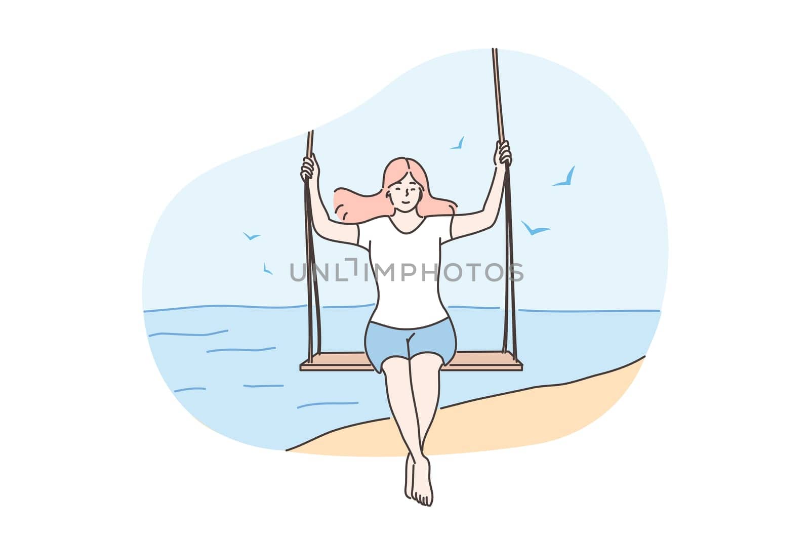 Travelling, summer vacation concept. Young happy woman or girl traveler tourist cartoon character swinging at ocean coast. Summer rest fun or recreation on sea beach and active lifestyle illustration.