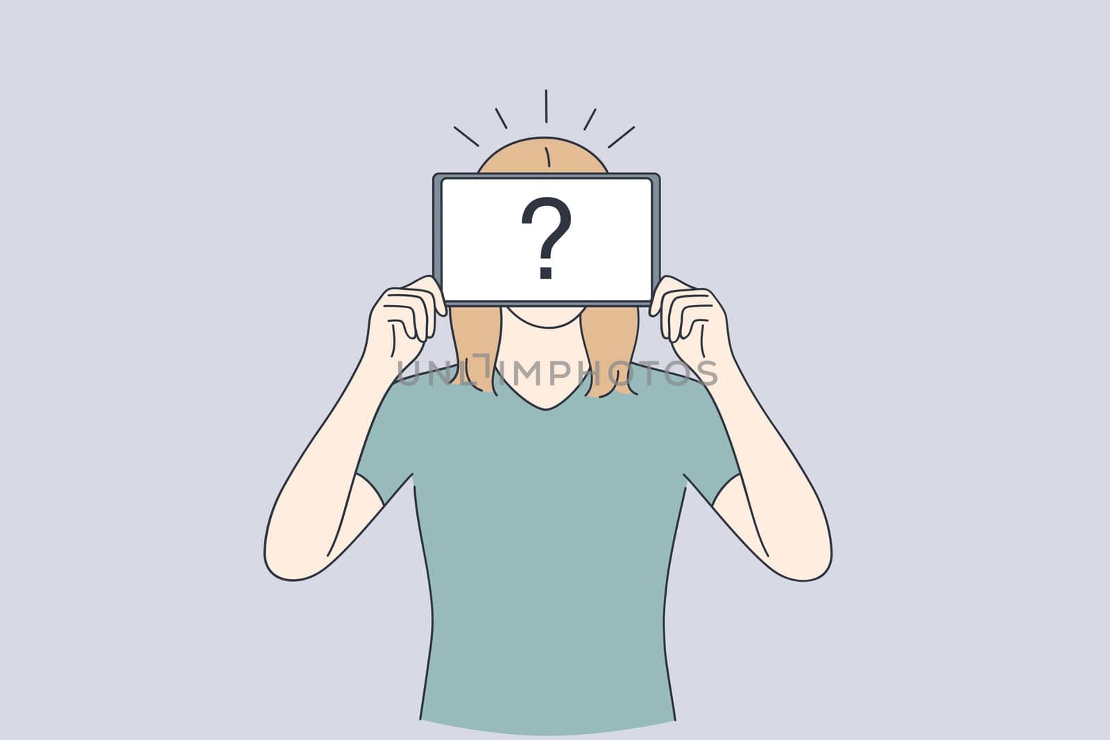 Self identity, Anonymity, uncertainty concept. Unrecognisable woman standing with invisible face and question mark instead of head like mask vector illustration