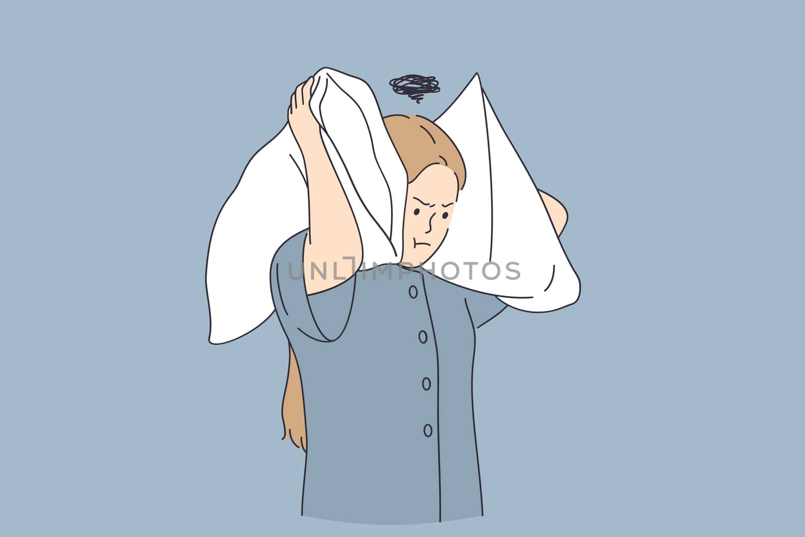 Stress and annoying concept. Annoyed young woman cartoon character standing covering ears with pillows feeling irritated of loud noise vector illustration