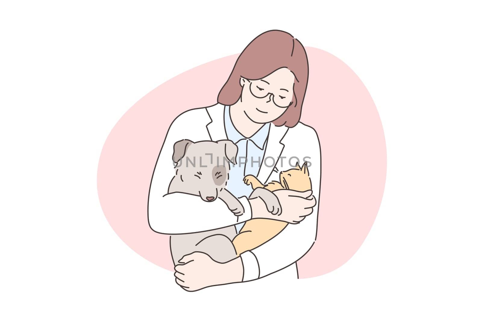 Medicine, veterinary, examination concept. Young happy smiling woman or girl veterinarian doctor cartoon character examining dog and cat puppy and kitten holding in hands. Pet check up and animal care