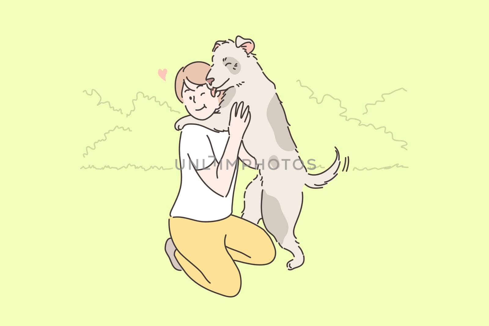 Child playing with dog concept. Young boy child kid owner cartoon character hugging embracing with happy pet puppy licking face in park outside. Summer leisure time animal love or devoted friendship.