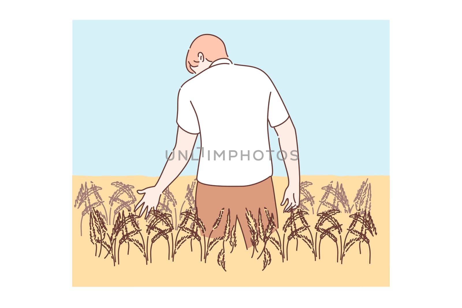 Agriculture, farming, agronomy concept. Young man or boy agronomist farmer cartoon character standing in golden wheat field holding rye ear. Barley or grain agricultural harvest season illustration.
