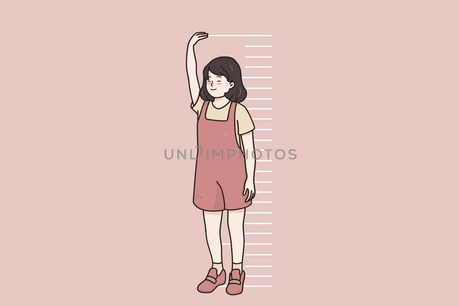 Children growing, height of body concept. Smiling little girl child cartoon character standing near wall measuring height with hands and stripes in pink wall vector illustration