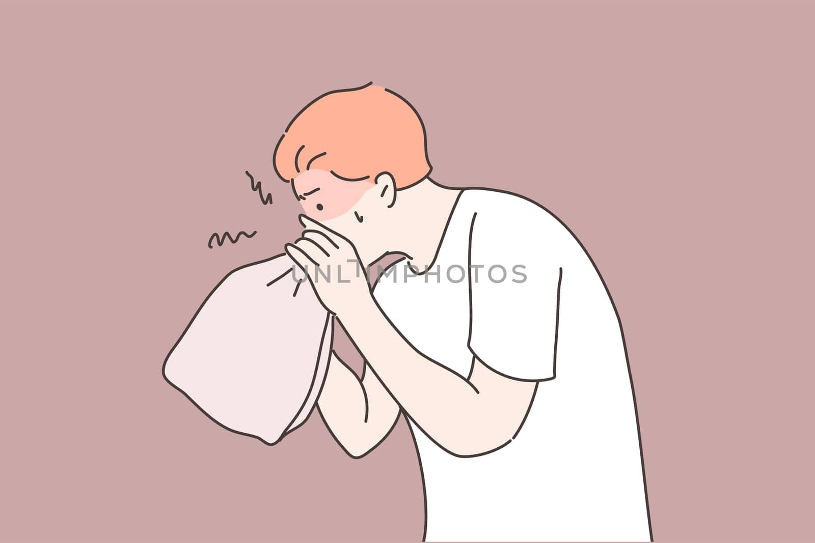 Panic attack, stress, fear concept. Young mentally stressful man or boy teenager cartoon character breathing in paper bag trying to calm down. Neurosis symptoms or dyspnea seizure vector illustration.