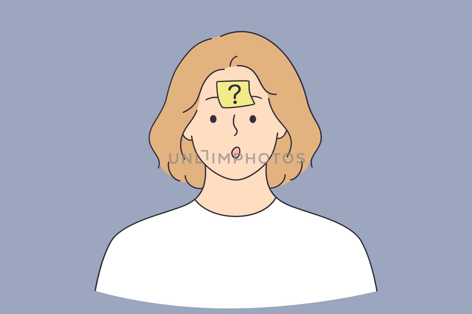 Thinking, doubt, question sign concept. Frustrated Thinking woman cartoon character standing with question mark on forehead feeling doubt having no answer vector illustration
