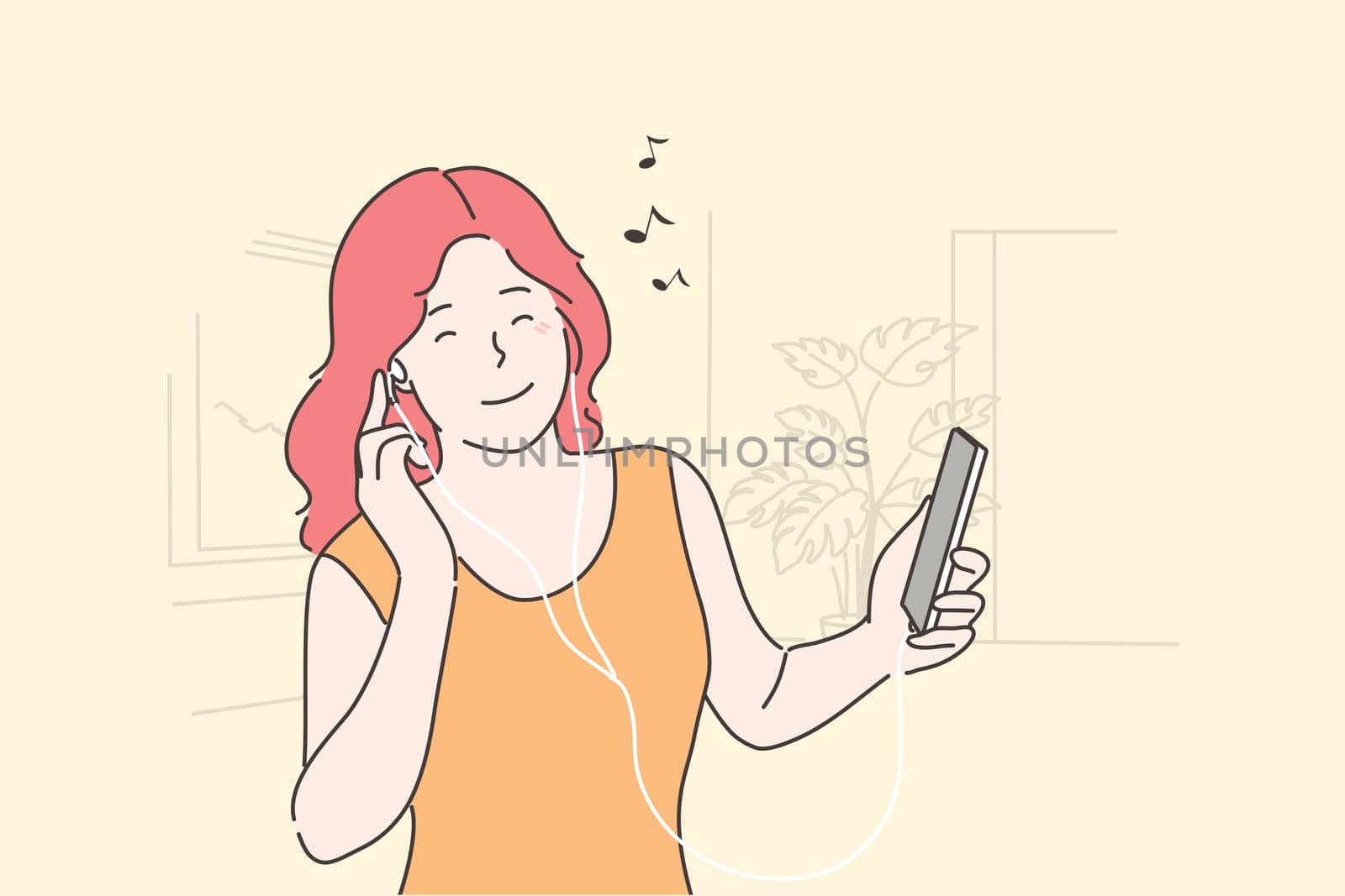 Woman listening to music concept. Young happy smiling girl teenager cartoon character holding mobile phone and enjoys musical songs sound in headphones and having fun. Leisure time and home recreation