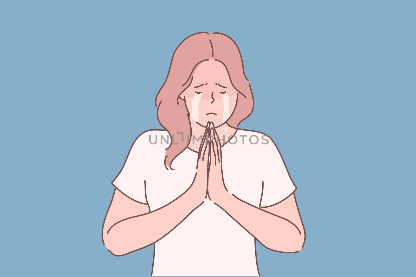 Religion, praying, begging concept. Young unhappy desperate woman or girl cartoon character begging for mercy crying and holding palms together in prayer. Asking or request or god faith illustration.