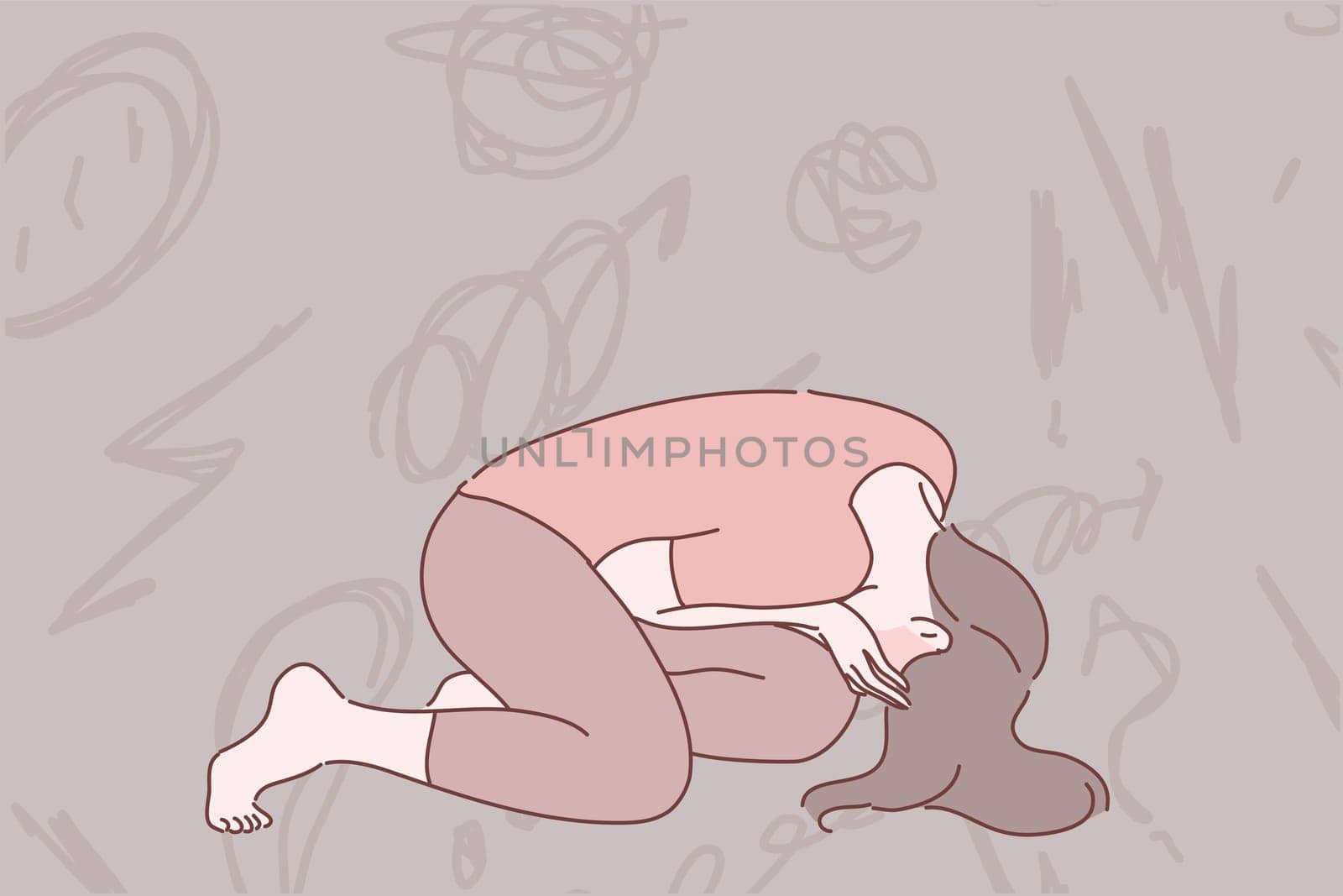 Despair, frustration, depression concept. Young depressed desperate woman or girl cartoon character sitting on floor covering face. Fatigue and raising of mental stress because bad news illustration.