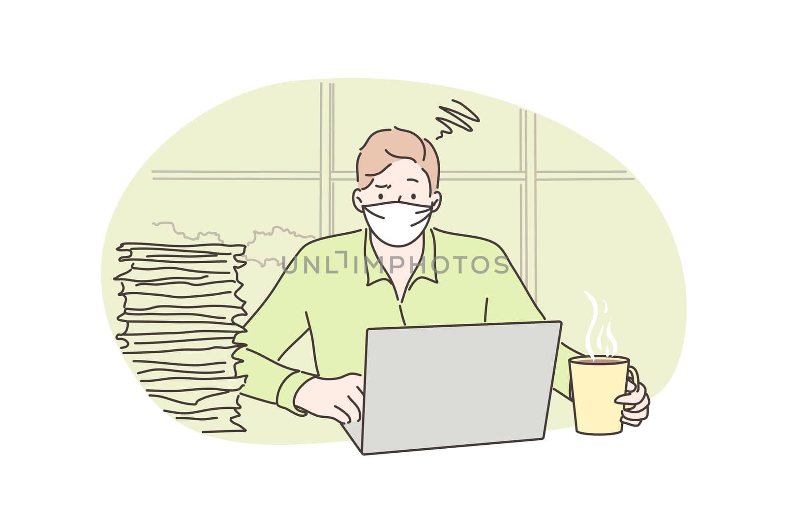 Freelance, quarantine, fatigue, coronavirus, business concept. Young overloaded businessman boy freelancer with medical face mask works remotely at home. Mental stress overworking at 2019ncov lockdown